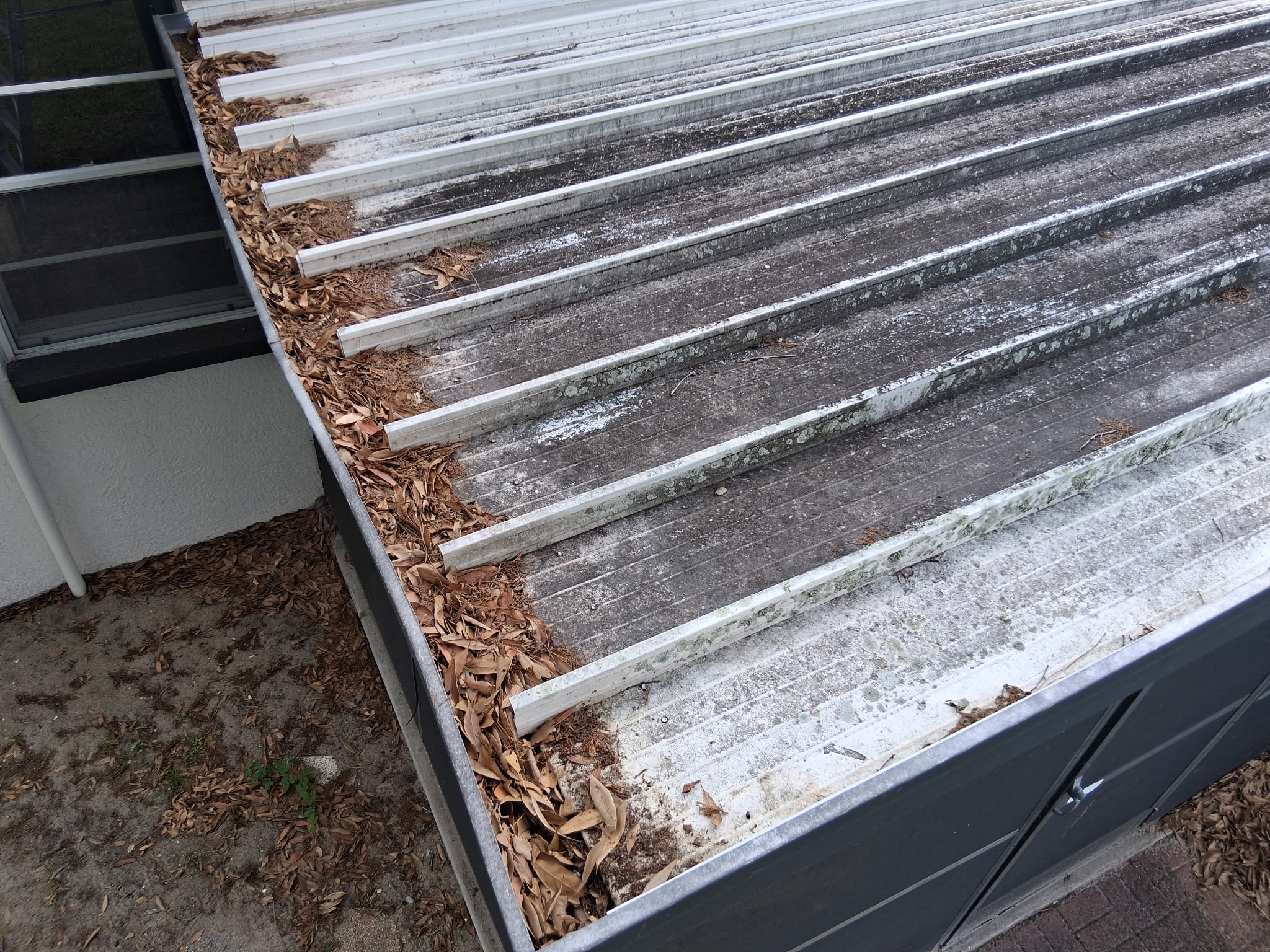 Carport gutter clogged with leaves — before Naturenet Leaf Block